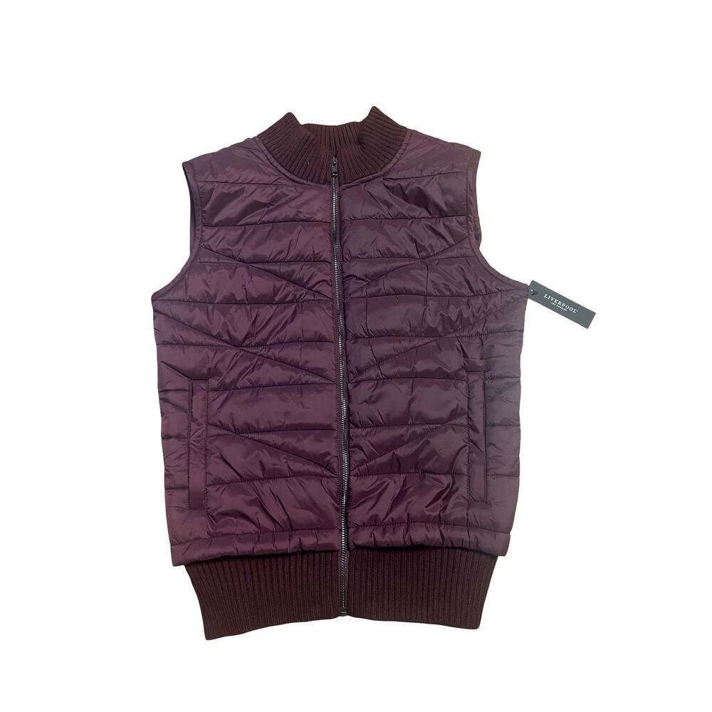 Liverpool Womens Puffer Vest Medium Burgundy Quilted Ribbed Knit Mock Neck Full